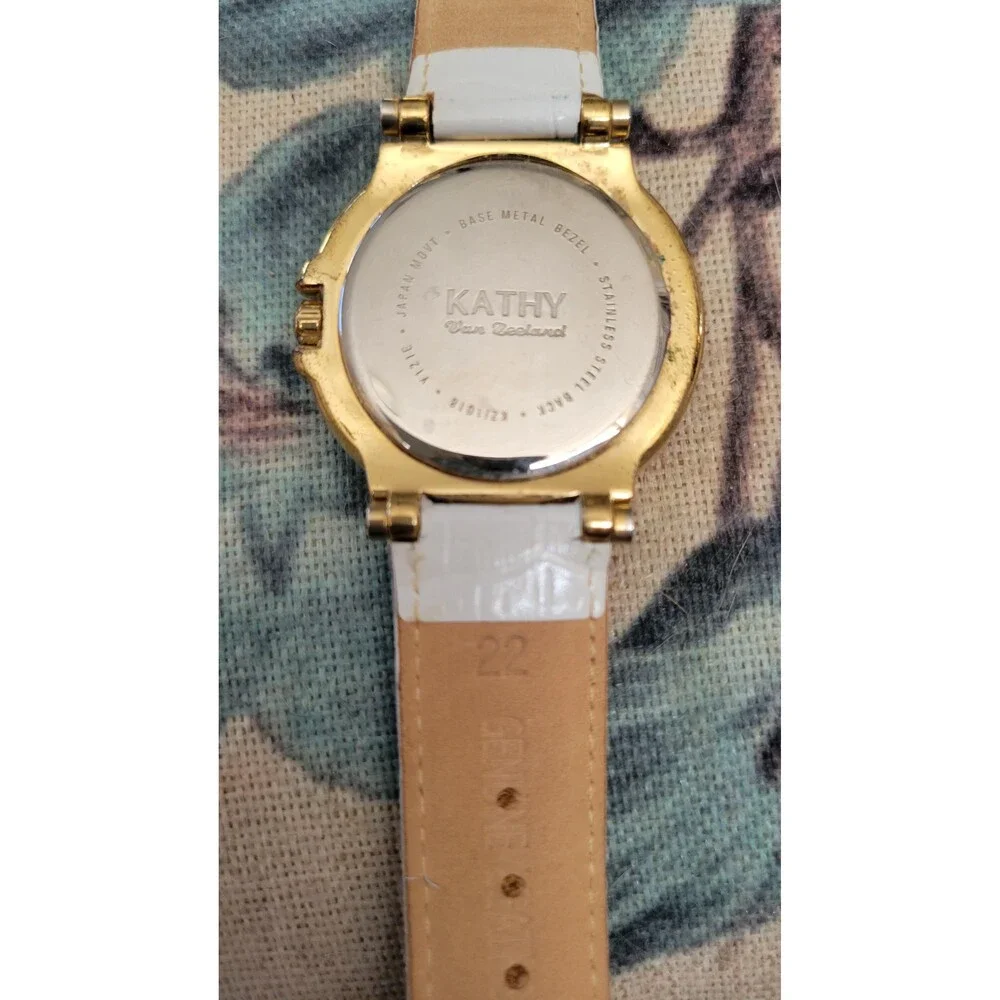 Kathy Van Zeeland Watch - Y2K Glam Gold Bezel & White Croc Leather Strap